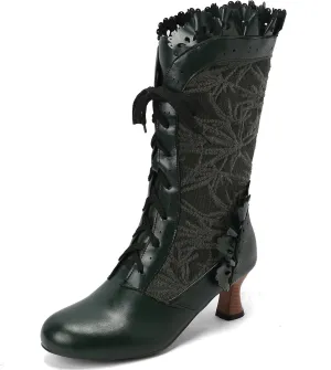 Victorian Boots for Women Vintage Ruffles Goth Boots Costume Lace Up 70S Retro Boots Halloween Witch Stuff Cuban Heel Mid Calf Boots