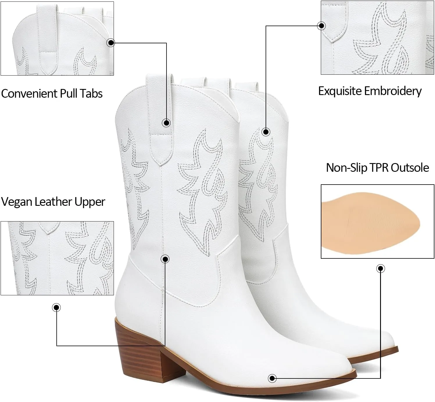 VIMISAOI Womens Cowboy Boots Comfortable Retro Pull On Pointed Toe Wide Calf Long Tall Block Chunky Heel Embroidered Western Cowgirl Mid Calf Boots