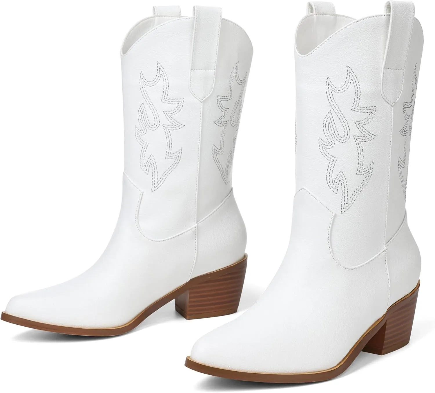 VIMISAOI Womens Cowboy Boots Comfortable Retro Pull On Pointed Toe Wide Calf Long Tall Block Chunky Heel Embroidered Western Cowgirl Mid Calf Boots