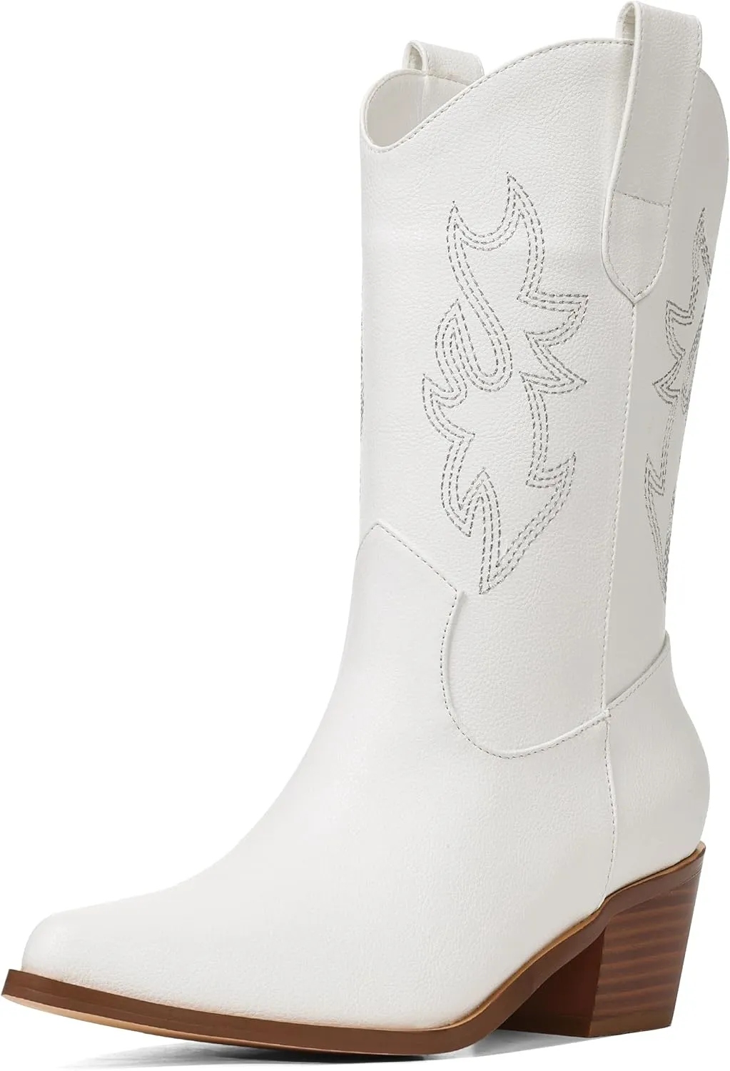 VIMISAOI Womens Cowboy Boots Comfortable Retro Pull On Pointed Toe Wide Calf Long Tall Block Chunky Heel Embroidered Western Cowgirl Mid Calf Boots