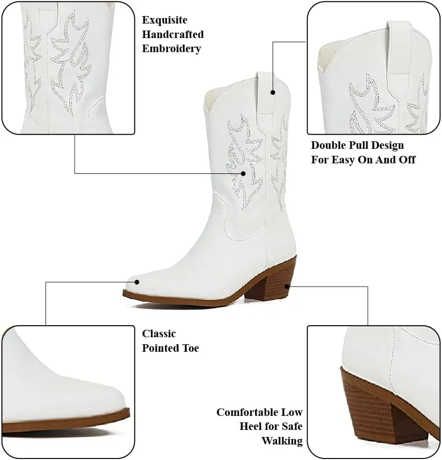 VIMISAOI Womens Cowboy Boots Comfortable Retro Pull On Pointed Toe Wide Calf Long Tall Block Chunky Heel Embroidered Western Cowgirl Mid Calf Boots