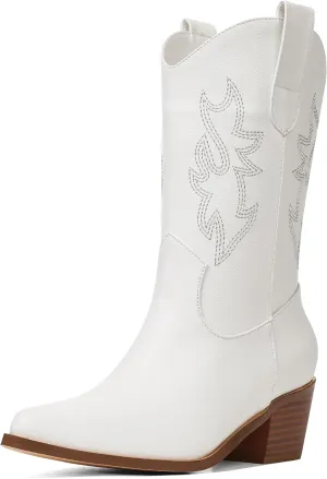 VIMISAOI Womens Cowboy Boots Comfortable Retro Pull On Pointed Toe Wide Calf Long Tall Block Chunky Heel Embroidered Western Cowgirl Mid Calf Boots