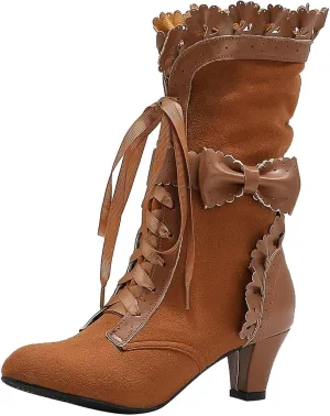 Vintage Chunky Heel Dress Mid Calf Short Booties for Womens Sweet Bow Boots Mid Heels Lace Up Victorian Boots Kawaii Boot