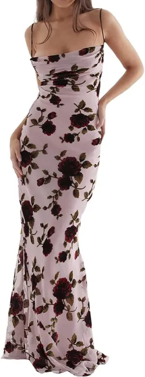 Vintage Dress for Women Floral Long Dress Sexy Backless Spaghetti Strap Bodycon Maxi Dress Going Out Formal Dress