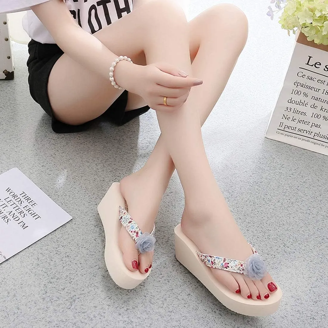 VOKLIN Women's Bohemian Flower Wedge High Heel Flipflop Sandals Summer Platform Nonslip Beach Thong Sandal
