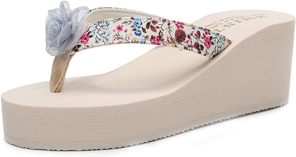 VOKLIN Women's Bohemian Flower Wedge High Heel Flipflop Sandals Summer Platform Nonslip Beach Thong Sandal