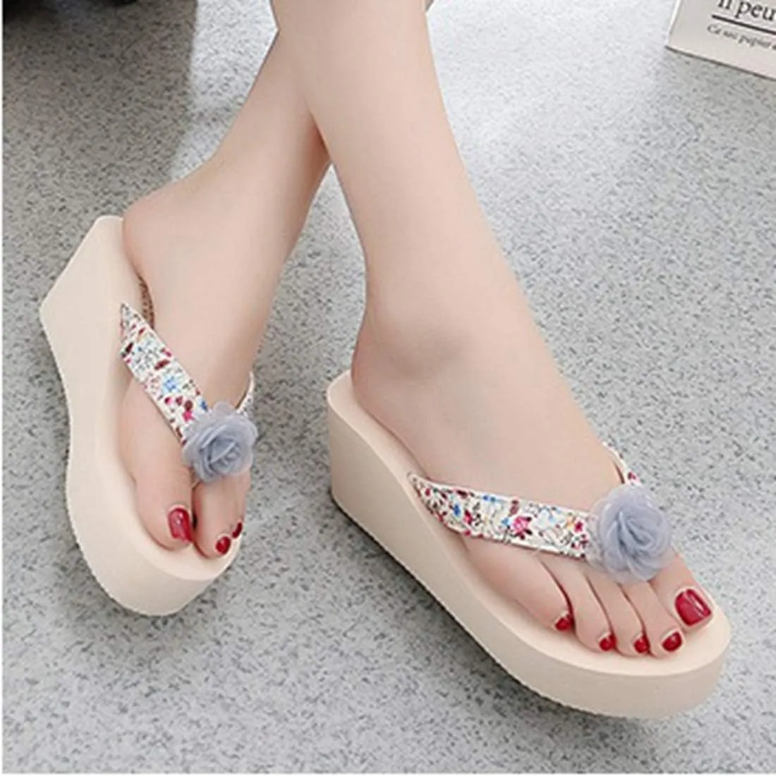 VOKLIN Women's Bohemian Flower Wedge High Heel Flipflop Sandals Summer Platform Nonslip Beach Thong Sandal