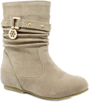 VOKLIN Women's Casual Round Toe Slouch Ankle Boots Suede Metallic Pull On Low Wedge Hidden Heel Short Booties