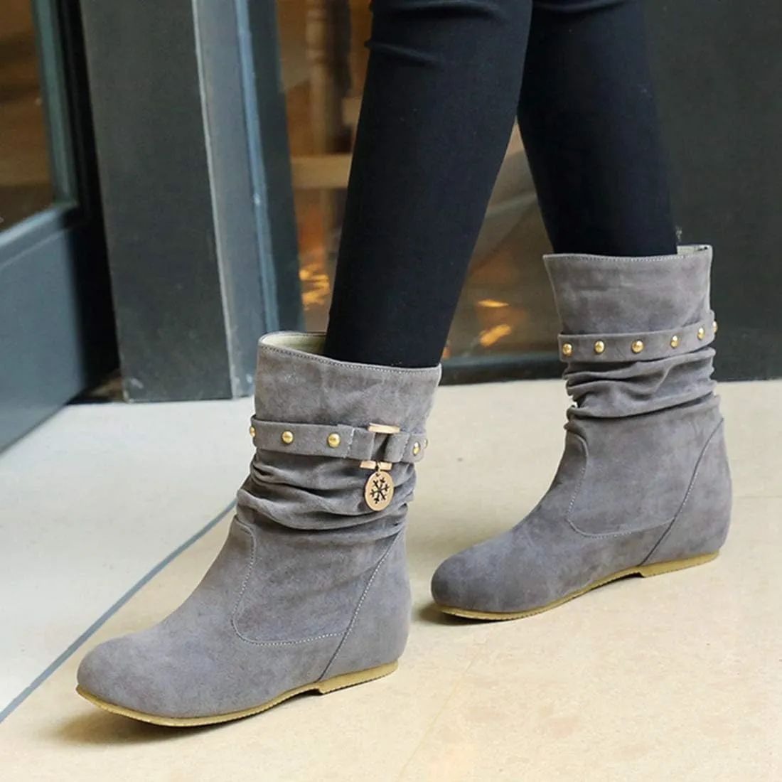 VOKLIN Women's Casual Round Toe Slouch Ankle Boots Suede Metallic Pull On Low Wedge Hidden Heel Short Booties