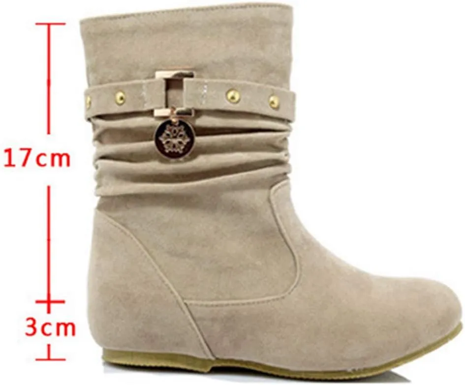 VOKLIN Women's Casual Round Toe Slouch Ankle Boots Suede Metallic Pull On Low Wedge Hidden Heel Short Booties