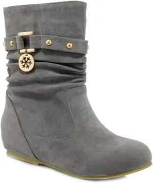 VOKLIN Women's Casual Round Toe Slouch Ankle Boots Suede Metallic Pull On Low Wedge Hidden Heel Short Booties