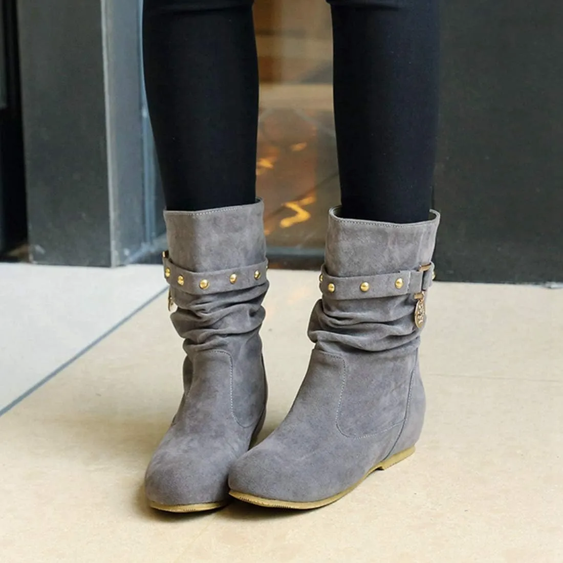 VOKLIN Women's Casual Round Toe Slouch Ankle Boots Suede Metallic Pull On Low Wedge Hidden Heel Short Booties
