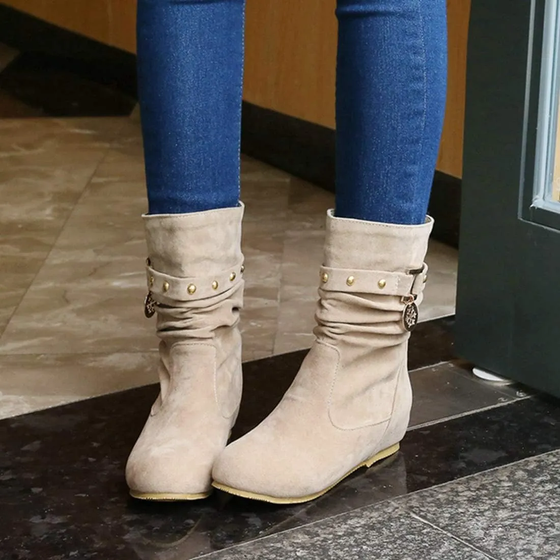 VOKLIN Women's Casual Round Toe Slouch Ankle Boots Suede Metallic Pull On Low Wedge Hidden Heel Short Booties