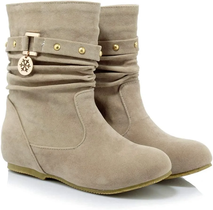VOKLIN Women's Casual Round Toe Slouch Ankle Boots Suede Metallic Pull On Low Wedge Hidden Heel Short Booties