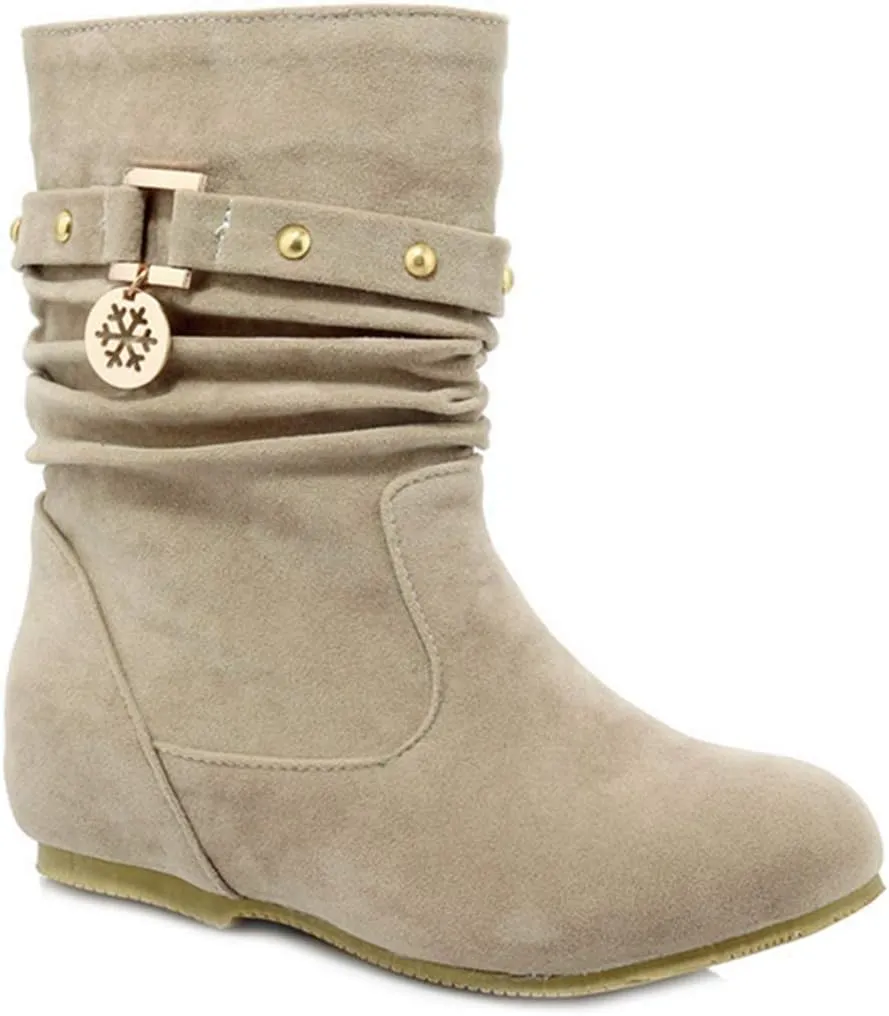 VOKLIN Women's Casual Round Toe Slouch Ankle Boots Suede Metallic Pull On Low Wedge Hidden Heel Short Booties