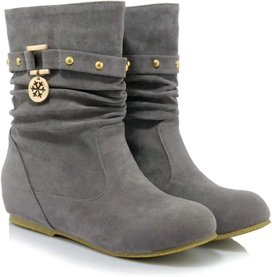 VOKLIN Women's Casual Round Toe Slouch Ankle Boots Suede Metallic Pull On Low Wedge Hidden Heel Short Booties