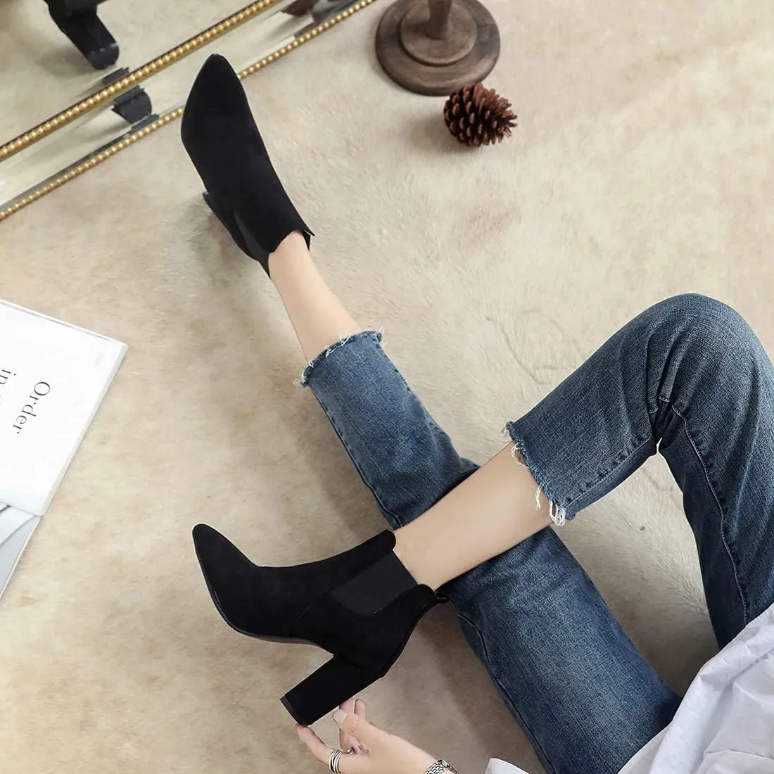 VOKLIN Women's Chunky Block High Heels Ankle Boots Pointed Toe Suede Elastic Side Panel Dressy Short Booties