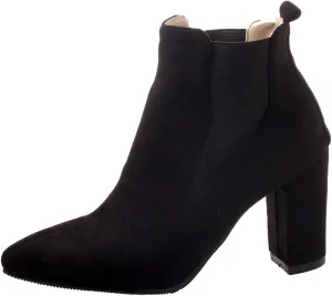 VOKLIN Women's Chunky Block High Heels Ankle Boots Pointed Toe Suede Elastic Side Panel Dressy Short Booties