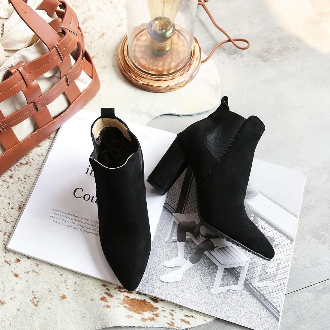 VOKLIN Women's Chunky Block High Heels Ankle Boots Pointed Toe Suede Elastic Side Panel Dressy Short Booties