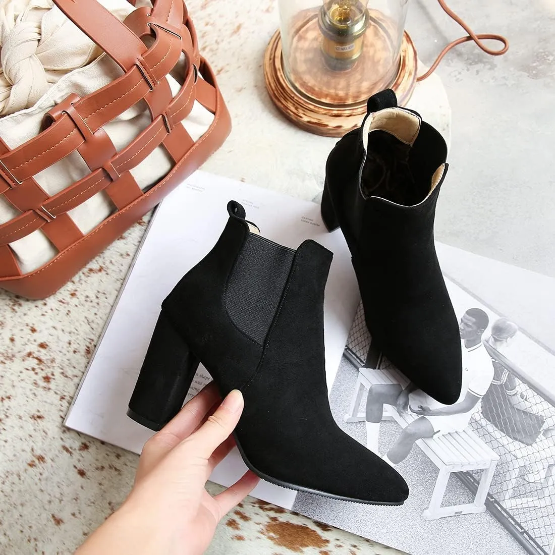 VOKLIN Women's Chunky Block High Heels Ankle Boots Pointed Toe Suede Elastic Side Panel Dressy Short Booties