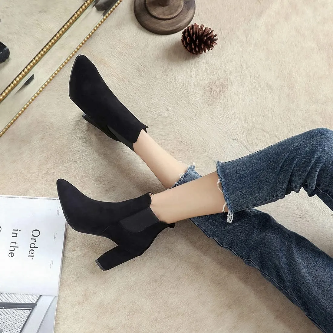 VOKLIN Women's Chunky Block High Heels Ankle Boots Pointed Toe Suede Elastic Side Panel Dressy Short Booties