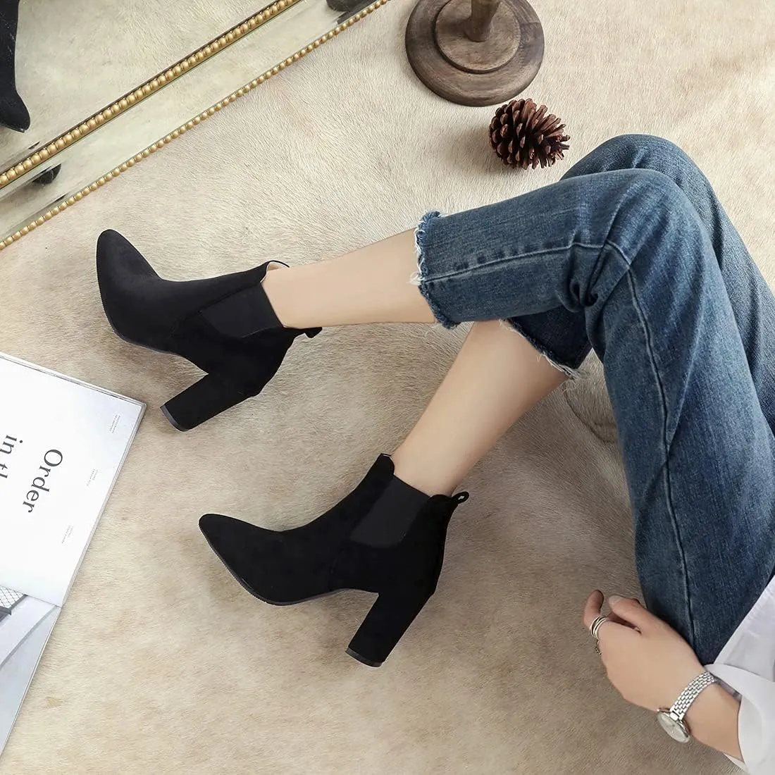 VOKLIN Women's Chunky Block High Heels Ankle Boots Pointed Toe Suede Elastic Side Panel Dressy Short Booties