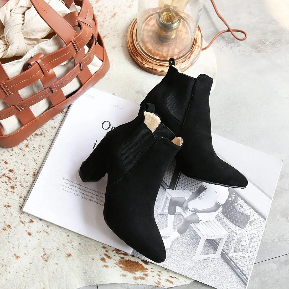VOKLIN Women's Chunky Block High Heels Ankle Boots Pointed Toe Suede Elastic Side Panel Dressy Short Booties