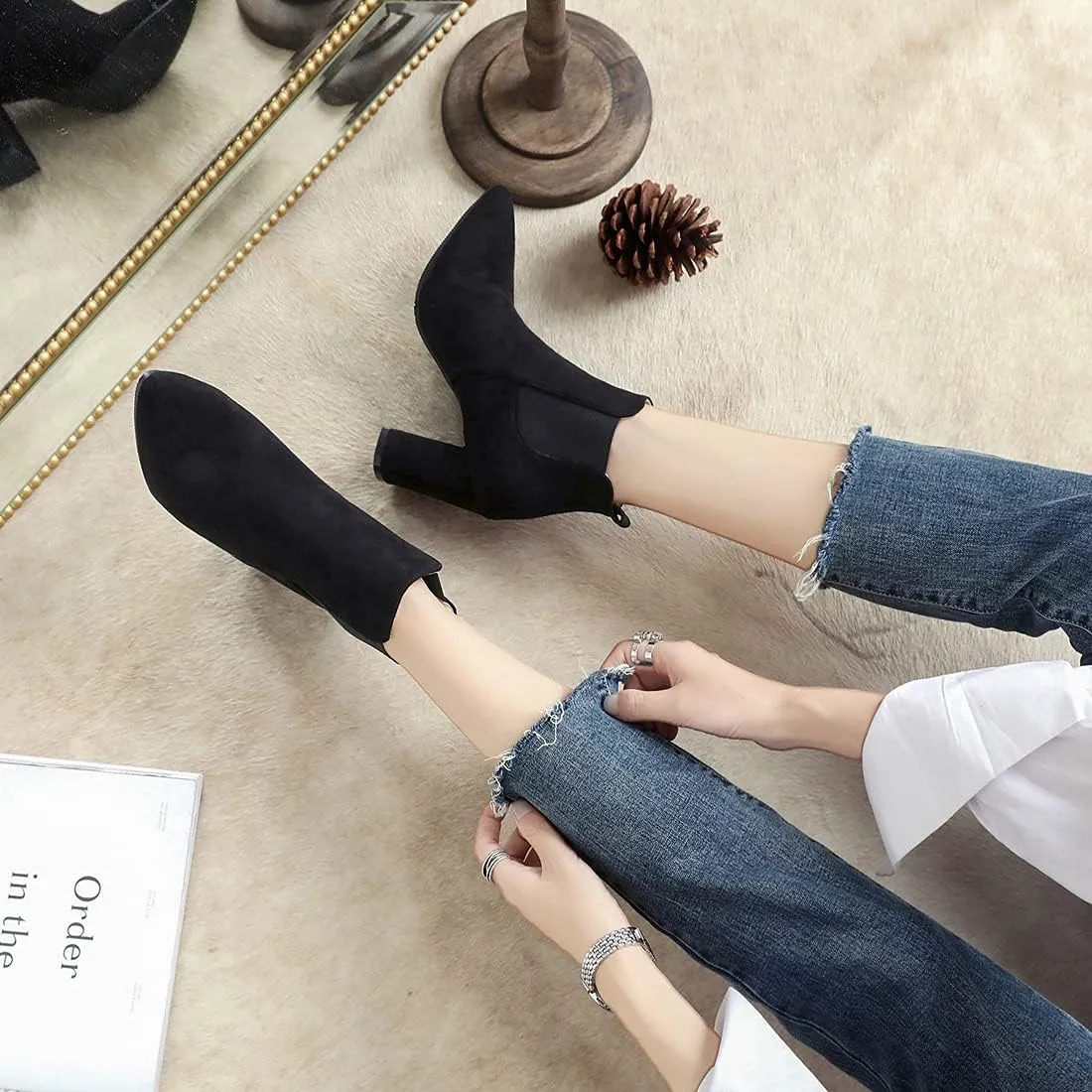 VOKLIN Women's Chunky Block High Heels Ankle Boots Pointed Toe Suede Elastic Side Panel Dressy Short Booties