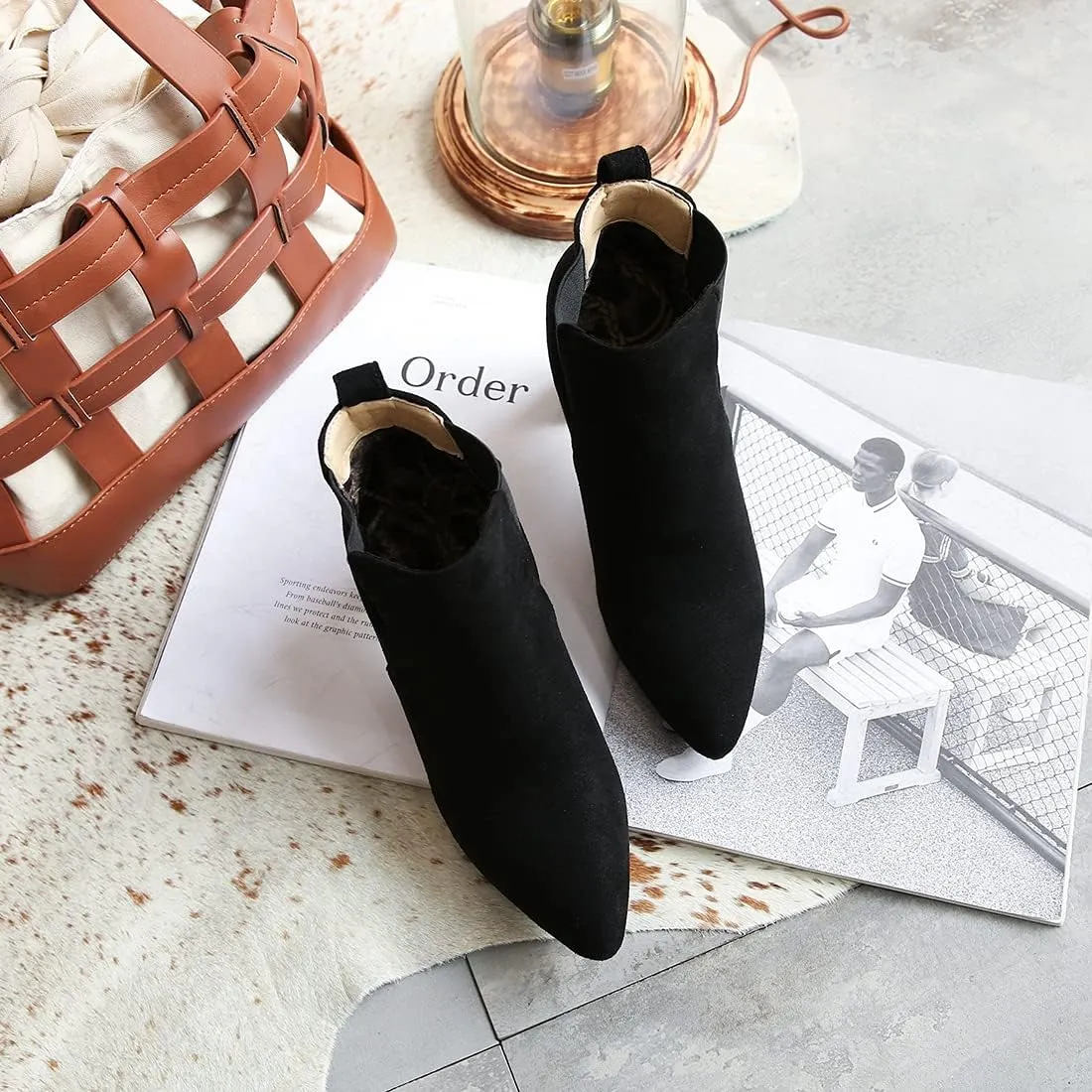 VOKLIN Women's Chunky Block High Heels Ankle Boots Pointed Toe Suede Elastic Side Panel Dressy Short Booties