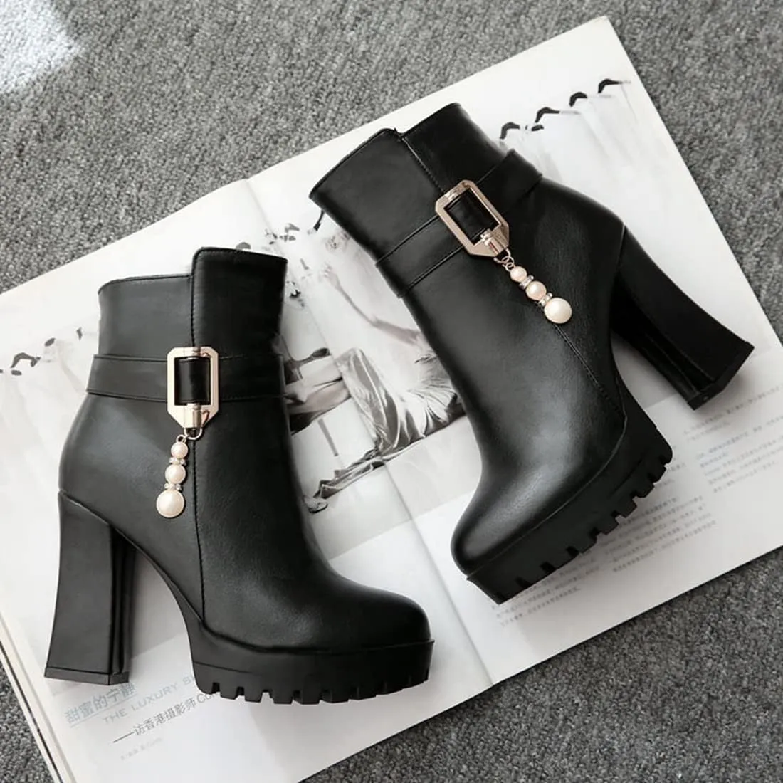 VOKLIN Women's Fashion Platform High Heel Dressy Ankle Boots Round Toe Side Zipper Party Dress Short Booties