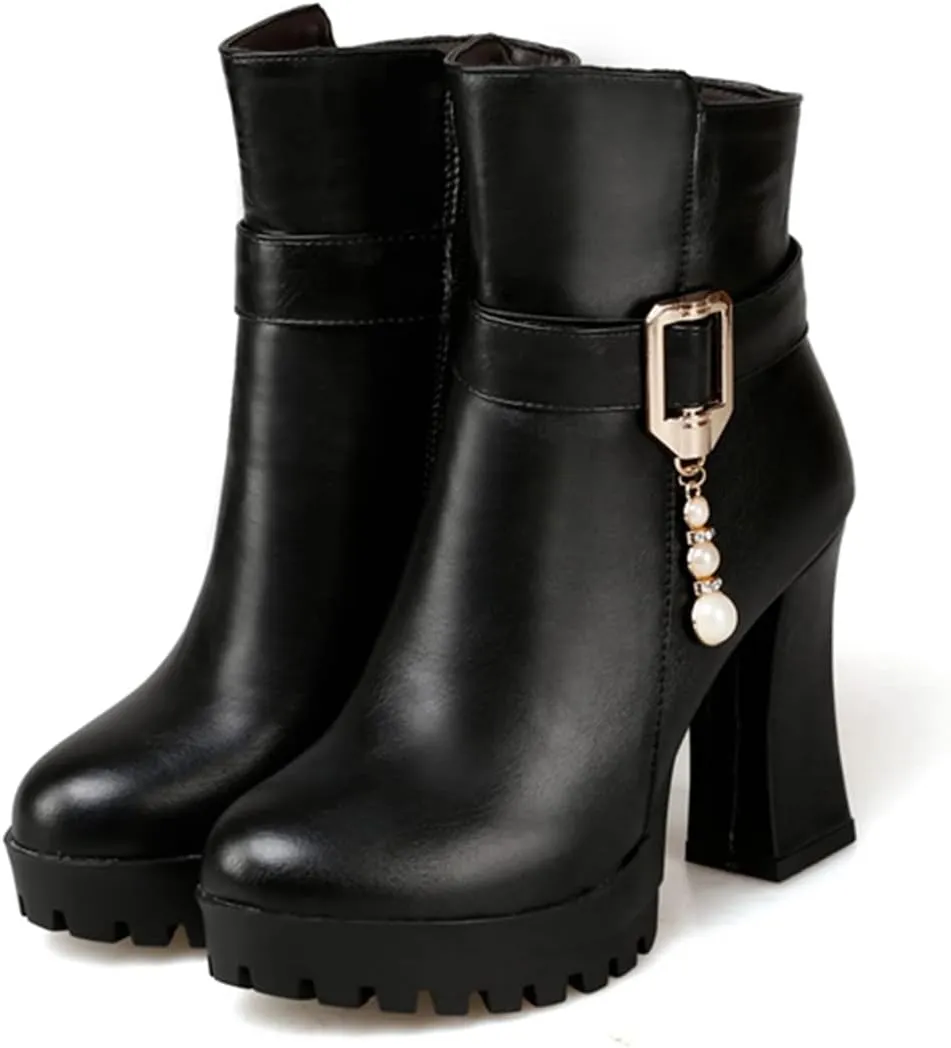 VOKLIN Women's Fashion Platform High Heel Dressy Ankle Boots Round Toe Side Zipper Party Dress Short Booties