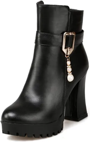 VOKLIN Women's Fashion Platform High Heel Dressy Ankle Boots Round Toe Side Zipper Party Dress Short Booties
