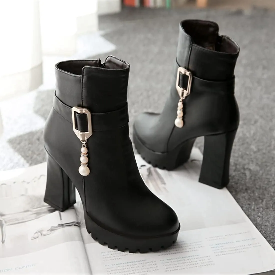 VOKLIN Women's Fashion Platform High Heel Dressy Ankle Boots Round Toe Side Zipper Party Dress Short Booties