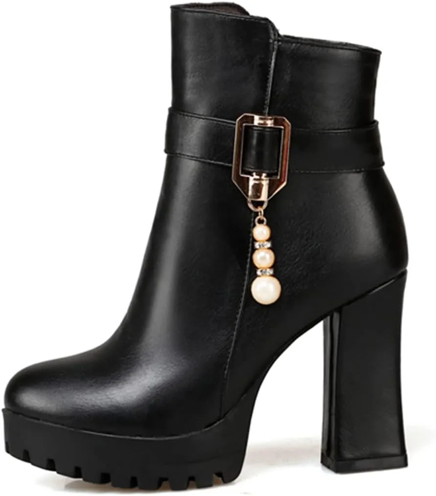VOKLIN Women's Fashion Platform High Heel Dressy Ankle Boots Round Toe Side Zipper Party Dress Short Booties