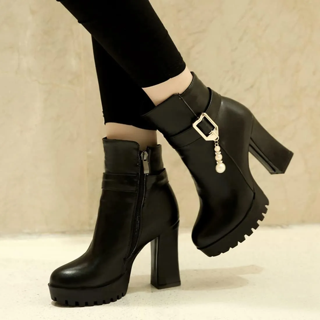 VOKLIN Women's Fashion Platform High Heel Dressy Ankle Boots Round Toe Side Zipper Party Dress Short Booties