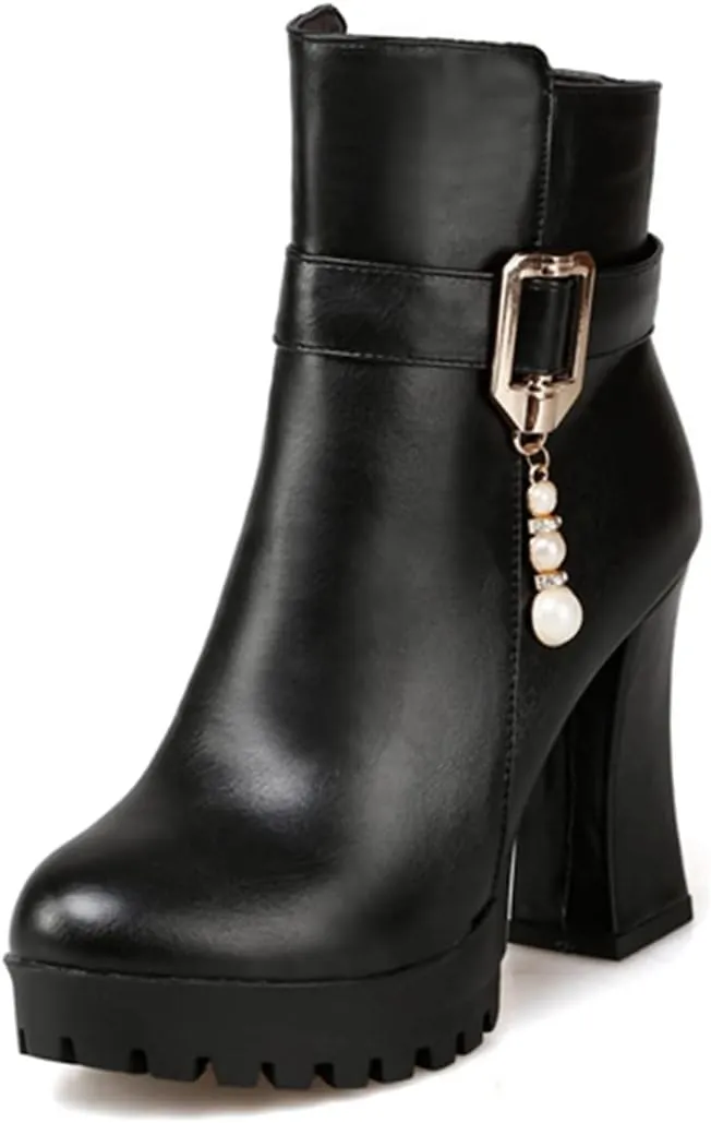 VOKLIN Women's Fashion Platform High Heel Dressy Ankle Boots Round Toe Side Zipper Party Dress Short Booties
