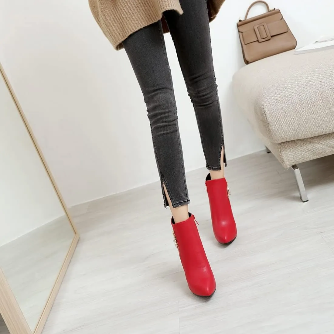 VOKLIN Women's Fashion Pointed Toe Stilettos High Heel Ankle Boots Side Zipper Elegant Dressy Short Booties