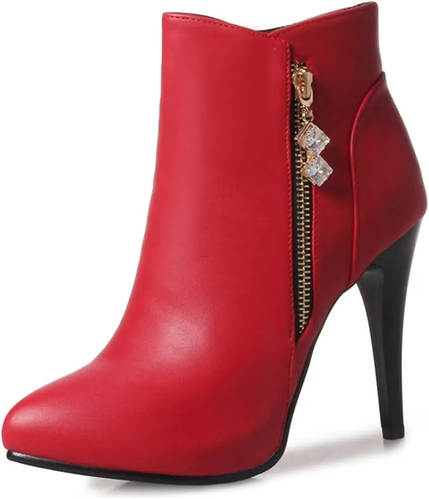 VOKLIN Women's Fashion Pointed Toe Stilettos High Heel Ankle Boots Side Zipper Elegant Dressy Short Booties