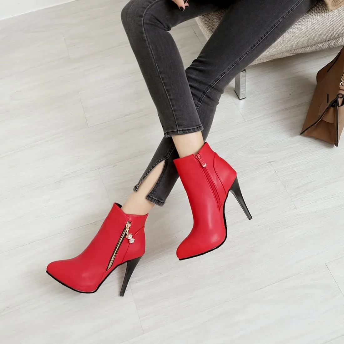 VOKLIN Women's Fashion Pointed Toe Stilettos High Heel Ankle Boots Side Zipper Elegant Dressy Short Booties