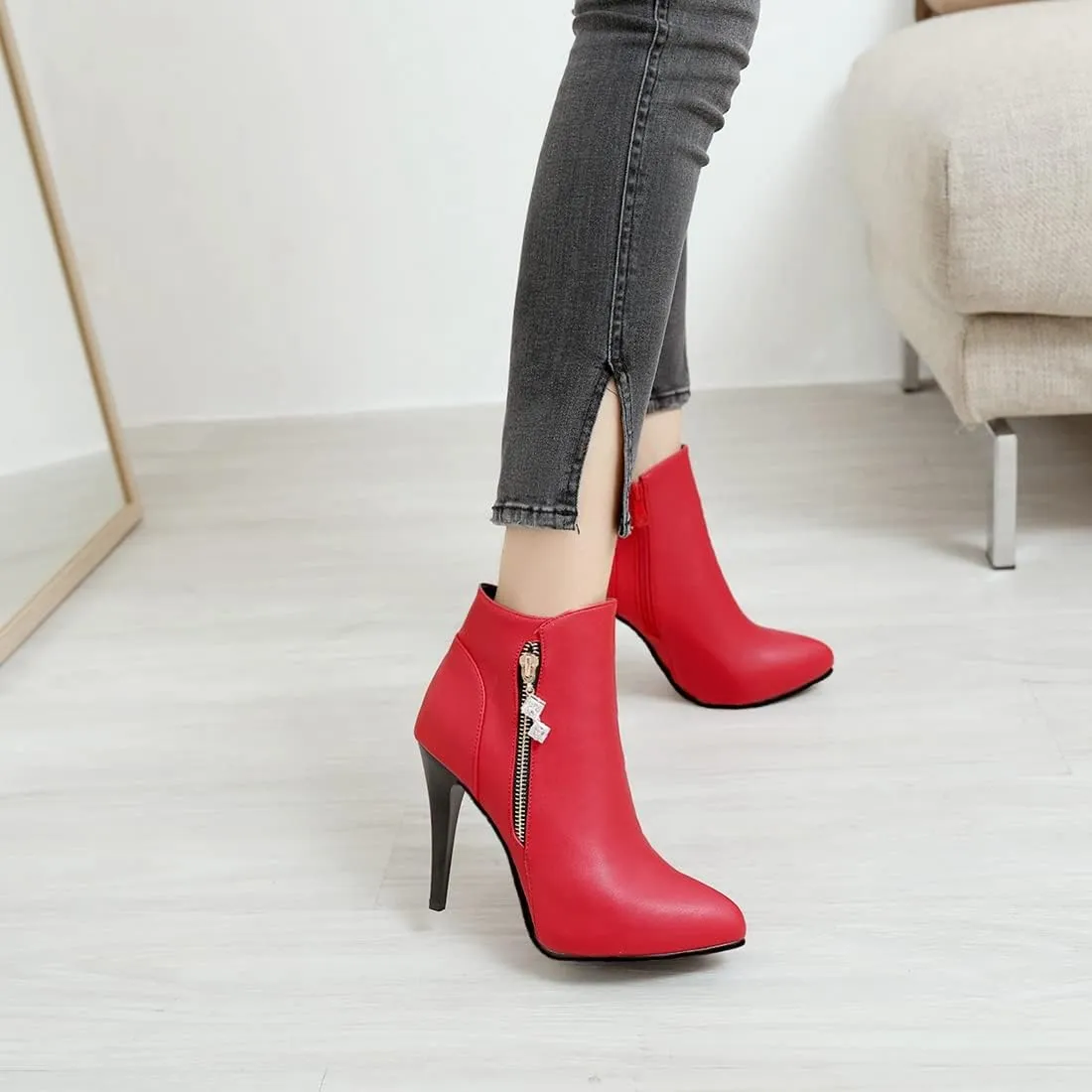 VOKLIN Women's Fashion Pointed Toe Stilettos High Heel Ankle Boots Side Zipper Elegant Dressy Short Booties