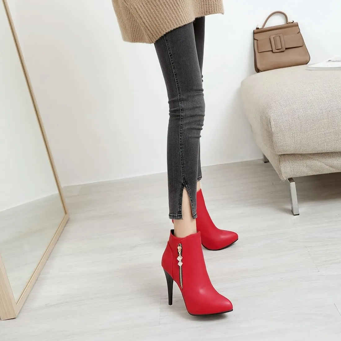 VOKLIN Women's Fashion Pointed Toe Stilettos High Heel Ankle Boots Side Zipper Elegant Dressy Short Booties