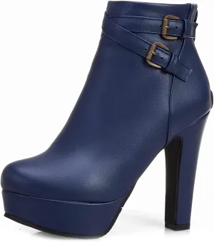 VOKLIN Women's Platform Block High Heel Ankle Boots Fashion Buckle Round Toe Back Zipper Dressy Short Booties