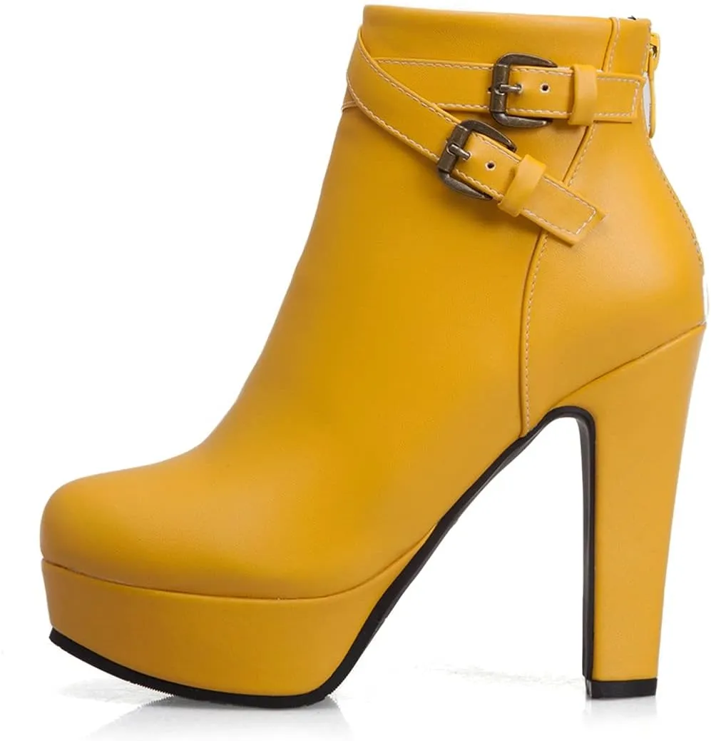 VOKLIN Women's Platform Block High Heel Ankle Boots Fashion Buckle Round Toe Back Zipper Dressy Short Booties