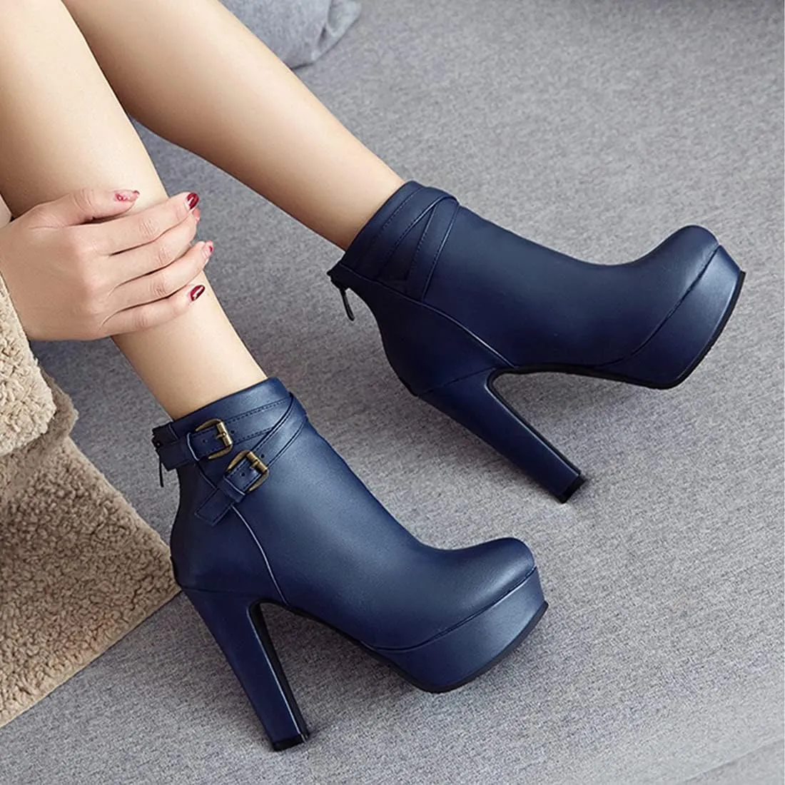 VOKLIN Women's Platform Block High Heel Ankle Boots Fashion Buckle Round Toe Back Zipper Dressy Short Booties