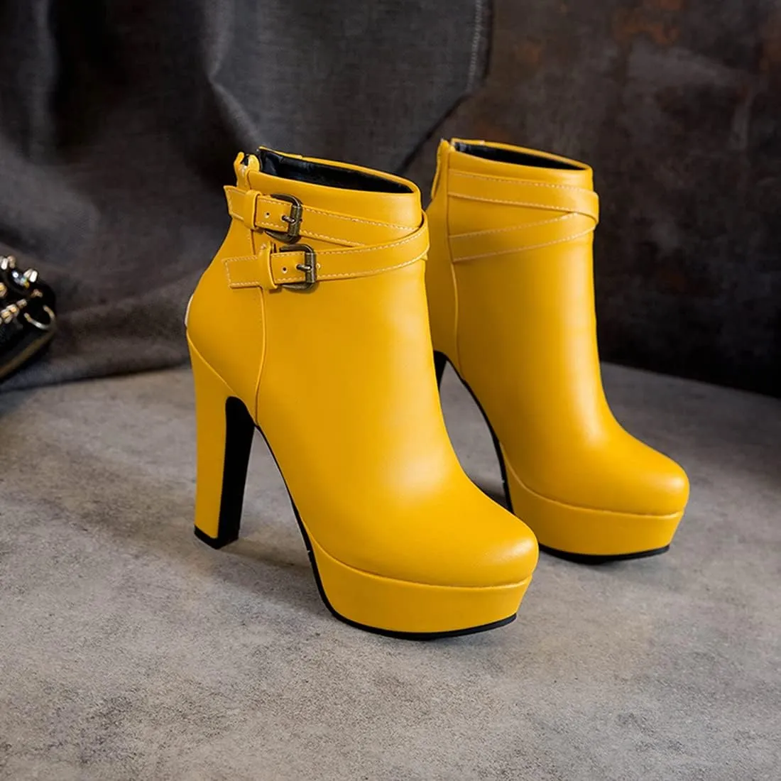VOKLIN Women's Platform Block High Heel Ankle Boots Fashion Buckle Round Toe Back Zipper Dressy Short Booties