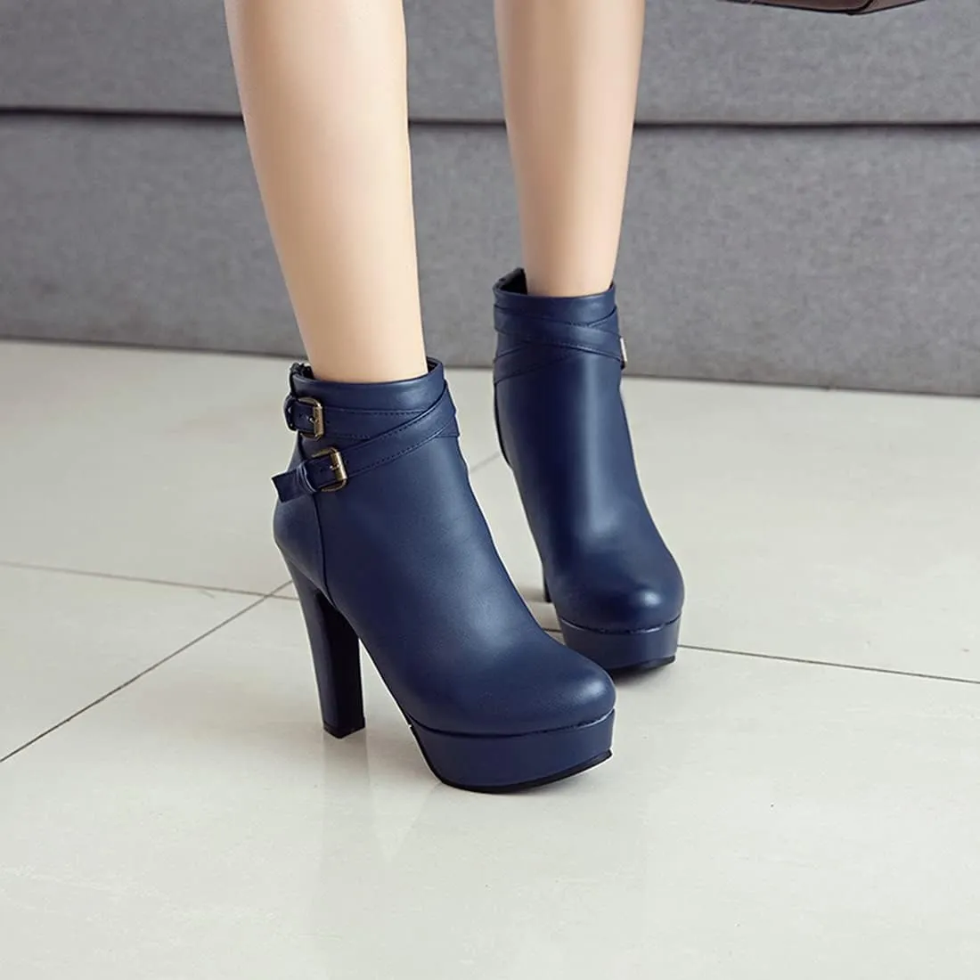 VOKLIN Women's Platform Block High Heel Ankle Boots Fashion Buckle Round Toe Back Zipper Dressy Short Booties