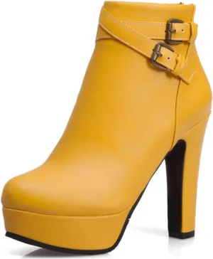 VOKLIN Women's Platform Block High Heel Ankle Boots Fashion Buckle Round Toe Back Zipper Dressy Short Booties