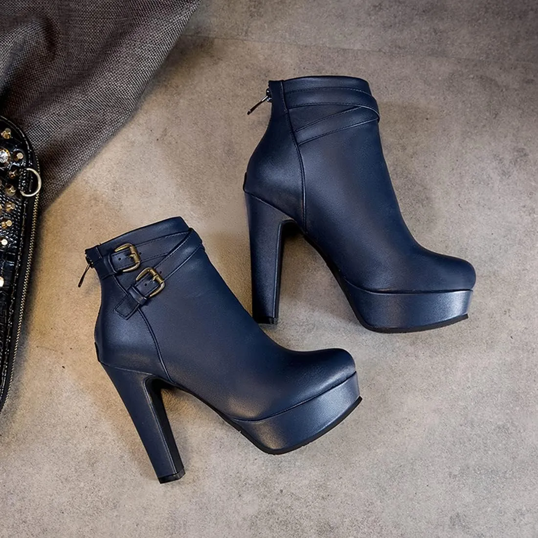 VOKLIN Women's Platform Block High Heel Ankle Boots Fashion Buckle Round Toe Back Zipper Dressy Short Booties