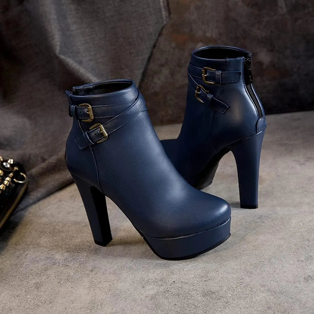 VOKLIN Women's Platform Block High Heel Ankle Boots Fashion Buckle Round Toe Back Zipper Dressy Short Booties