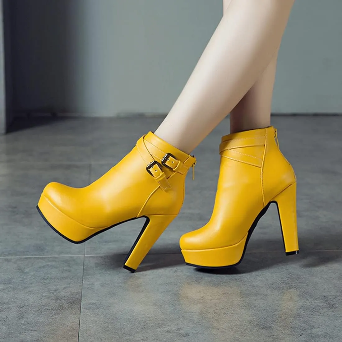 VOKLIN Women's Platform Block High Heel Ankle Boots Fashion Buckle Round Toe Back Zipper Dressy Short Booties